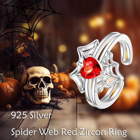 TIGER RIDER Spider Web 925 Sterling Silver Open Ring for Women Red Zirconia Adjustable Ring for Her Heart Shaped Jewelry Gothic Gift in Saudi Arabia