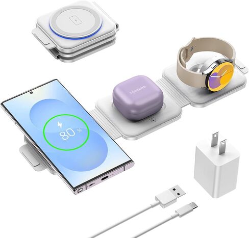 Travel Charger for Samsung Multi Devices, Foldable 3 in 1 Wireless Charging Station Fast Charging Stand/Pad Compatible for Samsung Galaxy S26/S25/S24/S23/Note20 Galaxy Watch8/7/6/Galaxy Buds4(Black in Kuwait