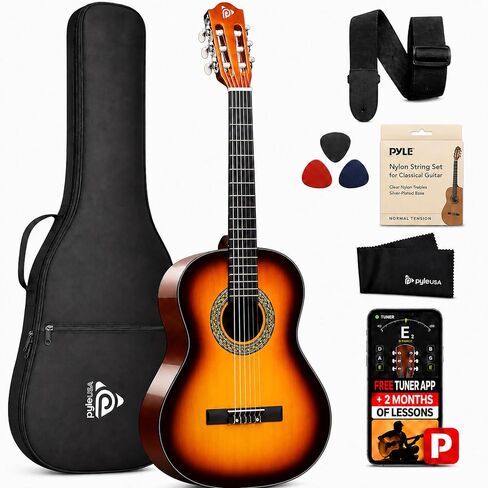 Pyle 36'' -Inch 6-String Classic Guitar-3/4 Size Scale Guitar with Digital Tuner & Accessory Kit, (Sunburst), Right (PGACLS82SUN.X9) in Kuwait