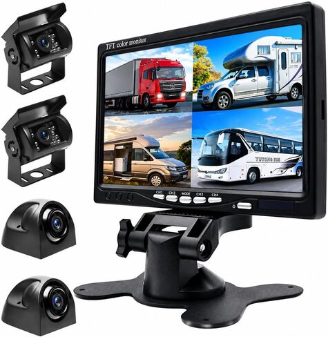 Backup Camera Hard Wired Backup Camera 9'' Quad Split Screen HD Rear Backup Camera Monitor System, Waterproof IR Night Vision Backup Camera for Trucks,Trailer Heavy,Box,RV,Camper Bus Rearview Camera in Kuwait