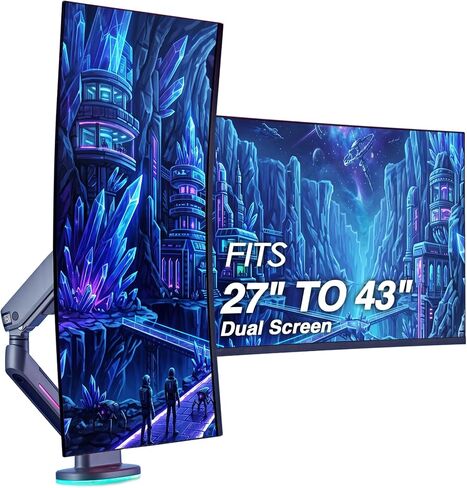 AVLT Dual 27"-43" RGB Gaming Monitor Arm Desk Mount Built-in 20 Lighting Modes Touch Button Control Fits Flat/Curved/Ultrawide Monitor Height Swivel Tilt Rotation Adjustable Monitor Stand -Dark Gray in Kuwait