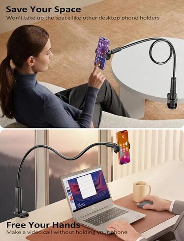 Tryone Gooseneck Phone Holder Hands-Free for Phone Viewing Or Recording, Adjustable Stable Metal Cell Stand Mount for Desk Table Bed, Soporte para Celular, Fits 4-7 Phones Including iPhone - Black in Kuwait