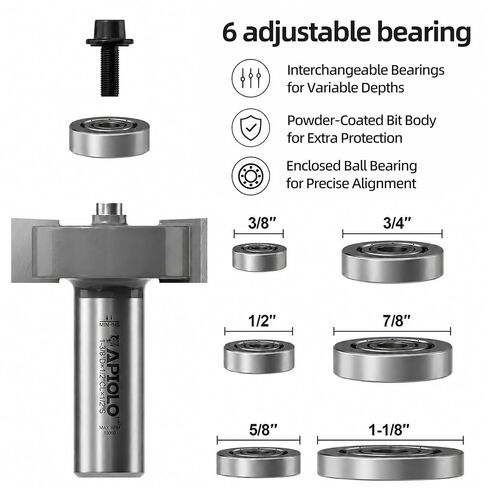 Professional Rabbet Router Bit Set 1/4 Shank 1pcs with 6 Interchangeable and Adjustable Bearings for Multi Depths Cutter 1/8", 1/4", 5/16", 3/8", 7/16", 1/2", for Woodworking in Kuwait