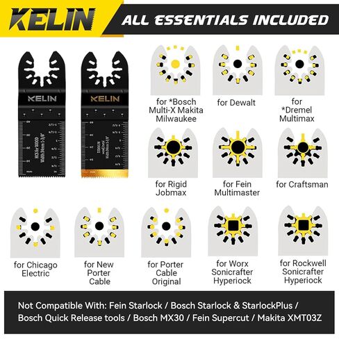 KELIN 88 Pack Oscillating Saw Blades, Oscillating Tool Blade with Sanding Pads, Multi Tool Blades Kits for Wood Metal Plastic, Arc Edge, Bi-Metal Titanium Multitool Blades fit Dewalt, Milwaukee, Ryobi in Kuwait