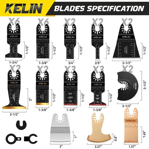KELIN 88 Pack Oscillating Saw Blades, Oscillating Tool Blade with Sanding Pads, Multi Tool Blades Kits for Wood Metal Plastic, Arc Edge, Bi-Metal Titanium Multitool Blades fit Dewalt, Milwaukee, Ryobi in Kuwait