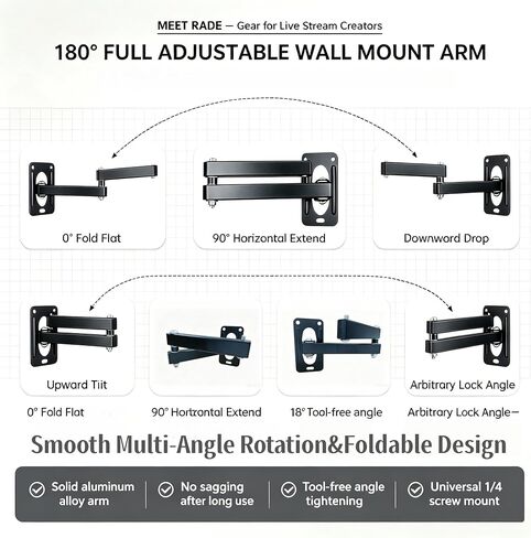 Wall Mounting Boom Arm Holder: Fold Extend Adjustable Long Bracket,Heavy Duty Wall Mount,for Photography Strobe Light Monolight, Softbox,Ring Light,for Live Broadcast(1/4" Screw) in Kuwait