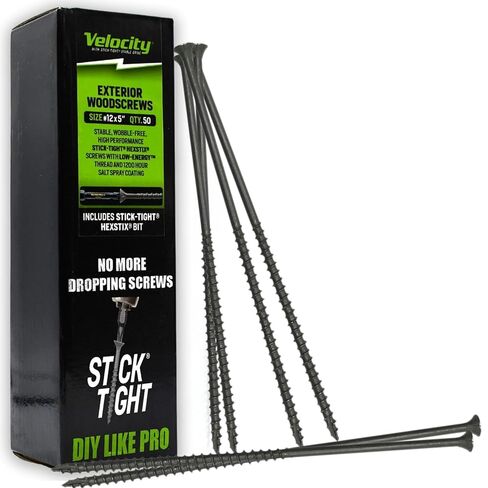 Velocity Long Length Exterior Wood Screws and T25 Torx Bits – Rust Resistant Long Wood Screw Set with StickTight Hexstix Driver Bit, Long Screws for Wood and Retaining Wall (Size #12 x8", 25 Count) in Kuwait