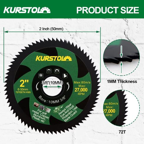 2" HSS Circular Saw Blade - 5pcs 2"(50mm) 72T Cutting Disc for Mini Angle Grinder with Arbor 3/8"(10mm) Copper Aluminum Metal Non-Ferrous Sheet Metal Wood Plastic in Kuwait