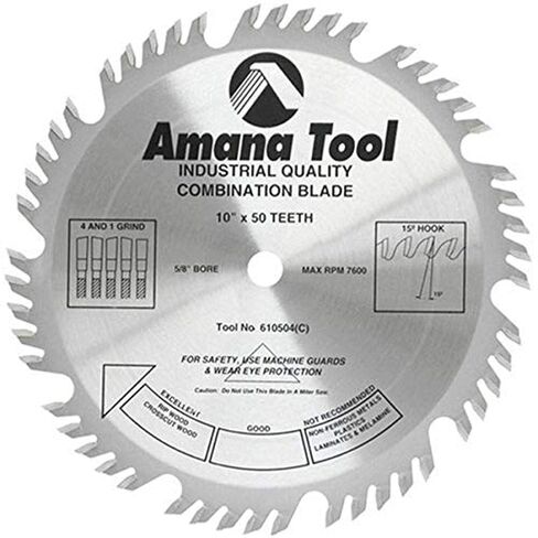 Amana Tool - (610504) Carbide Tipped Combination Ripping & Crosscut 10" Dia x 50T 4+1, 15 Deg, 5/8 Bore, Silver in Kuwait