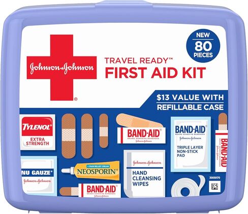 Band-Aid Travel Ready Portable Emergency First Aid Kit for Minor Wound Care with Assorted Adhesive Bandages, Gauze Pads & More, Ideal for Travel, Car & On-The-Go, 80 pc in Kuwait
