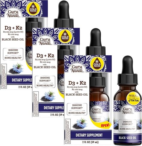 GuruNanda Black Seed Oil, Cold-Pressed Nigella Sativa - Rich in Vitamin D3 5000 Units, K2 & E, High Thymoquinone | Potent Antioxidant for Immune Support, Non-GMO, 2 Fl.oz in Kuwait