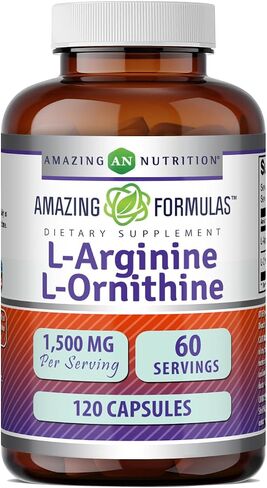 Amazing Formulas L-Arginine/L-Ornithine 1500 مجم لكل وجبة، 120 كبسولة | غير معدل وراثيًا | خالي من الغلوتين | ملحق الأحماض الأمينية in Kuwait
