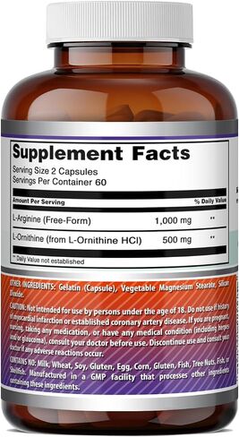 Amazing Formulas L-Arginine/L-Ornithine 1500 مجم لكل وجبة، 120 كبسولة | غير معدل وراثيًا | خالي من الغلوتين | ملحق الأحماض الأمينية in Kuwait
