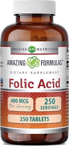 Amazing Formulas Folic Acid (Vitamin B9) 400 mcg Tablets | Non-GMO | Gluten Free | Made in USA (400 mcg, 250, Count) in Kuwait
