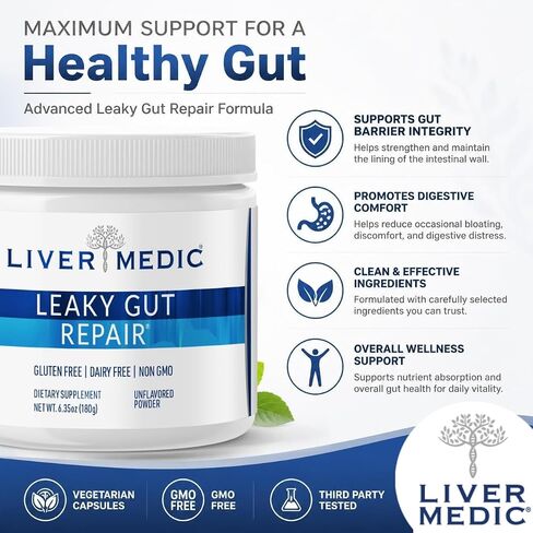 Liver Medic Leaky Gut Repair, L-Glutamine Powder, Soothes Gut Issues; Bloating, IBS, GERD, Gluten-Free Gut Health Supplements. Women & Men (Unflavored) 180g in Kuwait