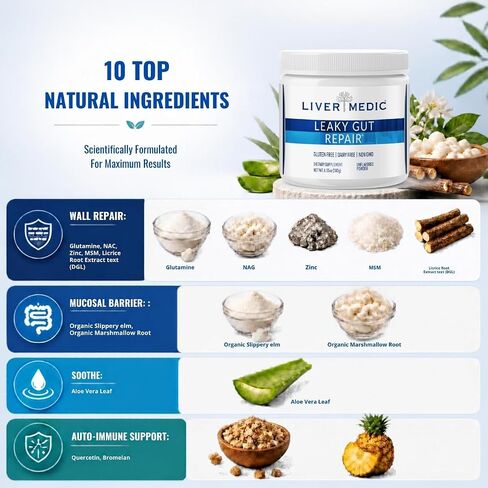 Liver Medic Leaky Gut Repair, L-Glutamine Powder, Soothes Gut Issues; Bloating, IBS, GERD, Gluten-Free Gut Health Supplements. Women & Men (Unflavored) 180g in Kuwait