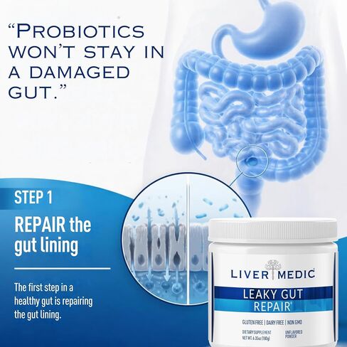 Liver Medic Leaky Gut Repair, L-Glutamine Powder, Soothes Gut Issues; Bloating, IBS, GERD, Gluten-Free Gut Health Supplements. Women & Men (Unflavored) 180g in Kuwait