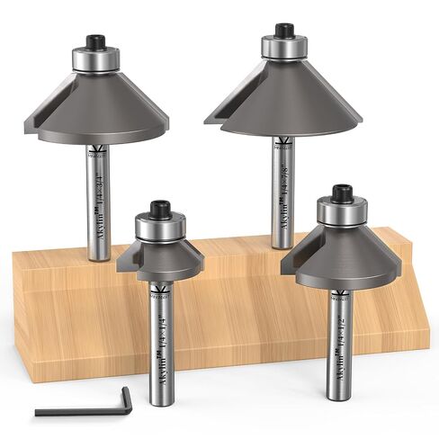 Akylin 4Pcs 45 Degree Chamfer Router Bit Set,1/4" Shank,1/4",1/2",3/4" and 7/8" Bevel Length,Eased Eage Cutter with Ball Bearing for Wood Profiling,Edging in Kuwait