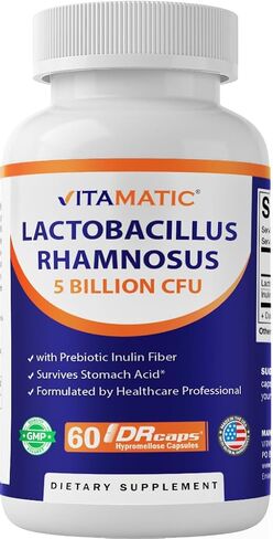 Vitamatic Lactobacillus Rhamnosus 5 مليار لكل كبسولة DR (10 مليار لكل كبسولتين) - 60 عددًا - دعم الجهاز الهضمي والمناعي المتقدم - مصنوع من ألياف الأنسولين البريبايوتيك in Kuwait