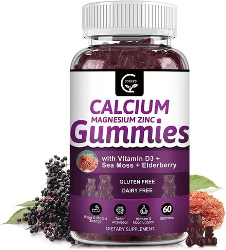 Calcium Magnesium Zinc Gummies with High Absorption Magnesium Glycinate Potassium - Plant Complex Calcium Magnesium 2:1 Ratio, with D3 Sea Moss for Bone, Muscles, Immune & Sleep Support, Vegan-2 Pack in Kuwait