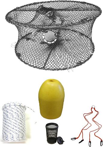 KUFA Sports Foldable Prawn Trap (Stretched Mesh Size:1-3/4") with 400' Rope, Yellow Float, Bait Bag & Harness Combo in Kuwait