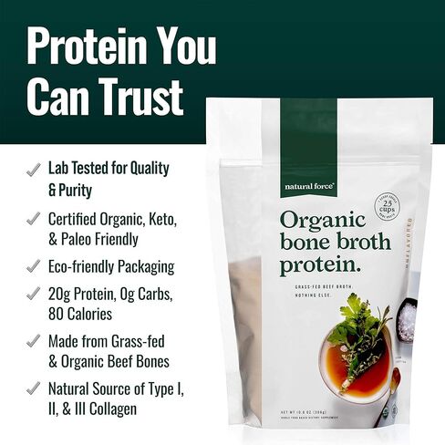 Natural Force - Chocolate Organic Bone Broth Protein Powder, Grass-Fed & Keto Certified, Types I, II & III Collagen, Rich and Creamy, Perfect for Smoothies & Shakes, 13.8 oz in Kuwait