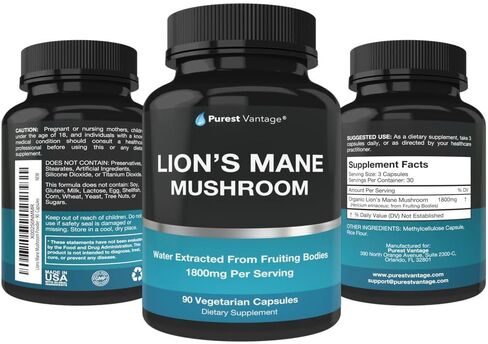 Organic Lions Mane Mushroom Capsules - 1800mg Lion's Mane Mushroom Supplement Grown in USA - Nootropic Brain Supplement and Immune Support - Lions Mane Extract Powder - 90 Veggie Caps in Kuwait
