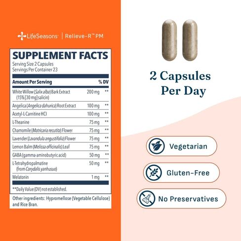 LifeSeasons - Relieve-R PM - Eases Nighttime Aches & Discomfort - Relaxes Muscles - Calms The Nervous System - Supports Natural Sleep Cycles & Non Habit Forming - 46 Capsules in Kuwait