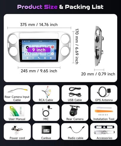 for Volkswagen Tiguan 2010 2011 2012 2013 2014 2015 Android Car Stereo 2+32G Support Wireless Carplay&Android Auto with 9 inch Touchscreen GPS Navigation Bluetooth USB WiFi FM/RDS Radio Backup Camera in Kuwait