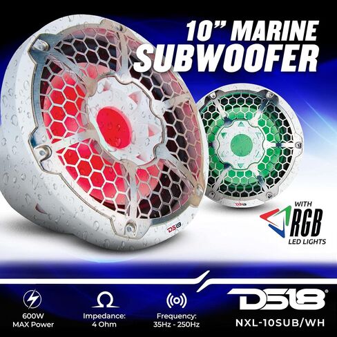 DS18 CF10SUB Black 10 Inch 10" Hydro Marine/ATV/UTV Weather Proof Subwoofer (with Integrated RGB Lights-600W Max/300W RMS) in Kuwait