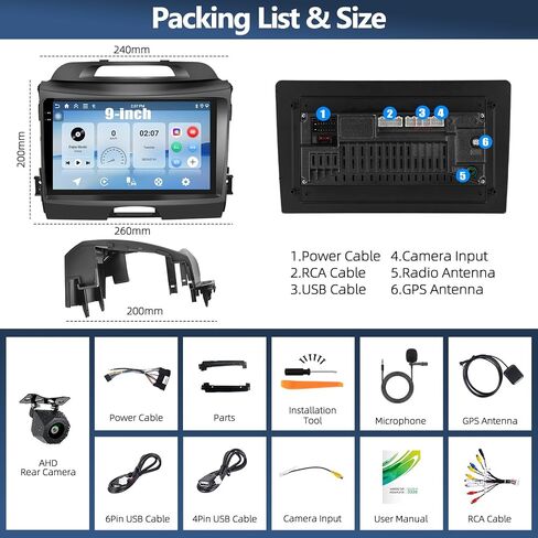 2+32G Android 11 Car Radio for Kia Sportage 2010-2016 with Carplay Android Auto, 9" HD Touchscreen Bluetooth with Navi RDS/FM BT WiFi+Rearview Camera in Kuwait