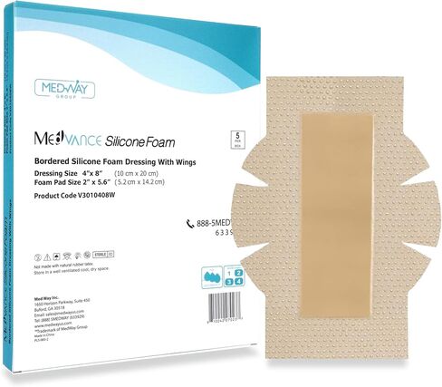 MedVanceTM Silicone - Bordered Silicone Adhesive Foam Dressing, Post Elbow, Shoulder Knee Surgery, (4"x8" w/Wings) in Kuwait
