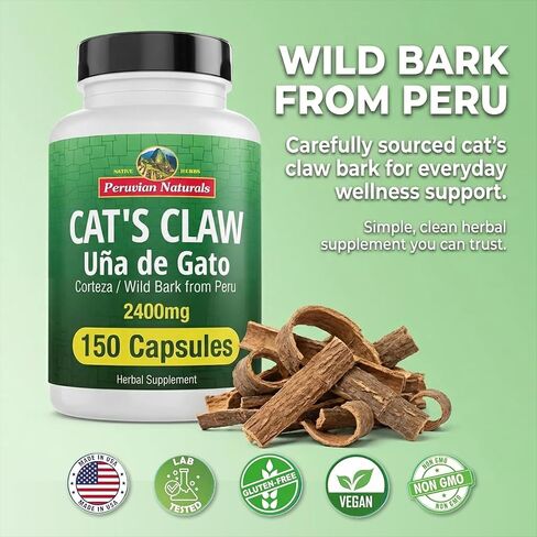 150 كبسولة من مخلب القطط من بيرو ناتشورالز - Uña de Gato 800 ملليجرام من نباتي، 100% لحاء مخلب القطط الطبيعي المزروع في بيرو | كورتيزا أونا دي جاتو in Kuwait