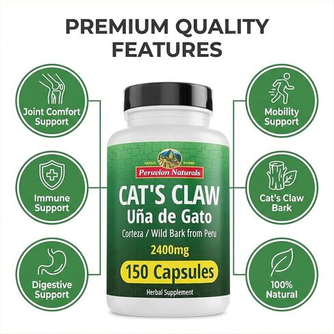 150 كبسولة من مخلب القطط من بيرو ناتشورالز - Uña de Gato 800 ملليجرام من نباتي، 100% لحاء مخلب القطط الطبيعي المزروع في بيرو | كورتيزا أونا دي جاتو in Kuwait