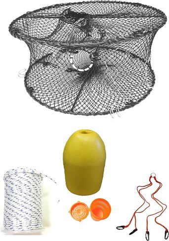 KUFA Sports Foldable Prawn Trap (Stretched Mesh Size:1-3/4") with 400' Rope, Yellow Float, Bait Bag & Harness Combo in Kuwait