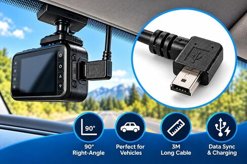 3M USB A to Mini B USB Cable 90 Degree Data Sync Charge Cord with 5 pcs Wiring Clips for Nextbase Dash Cam Car GPS Navigator DVR Digital Camera (Right Angle) in Kuwait