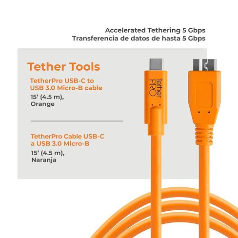 Tether Tools TetherPro USB-C to USB 3.0 Micro-B Cable | for Fast Transfer and Connection Between Camera and Computer | High Visibility Orange | 15 Feet (4.6 m) in Kuwait