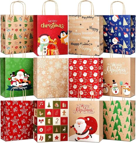 DeckTheHalls 24 Pack Christmas Gift Bags with 12 Stylish Prints, Christmas Tote Bags with Sturdy Handle, Reusable Xmas Kraft Gift Bags for Holiday Gifts, Party Favors, Ideal for Wrapping Gifts in Kuwait