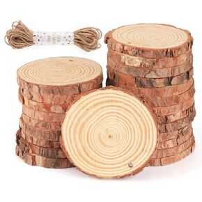 50Pcs Wood Slices 2.4"-2.8" Unfinished Natural Wood Rounds with Pre-drilled Hole and 66Feet Twine String, Wood Slices for Wood Burning Painting DIY Crafts Christmas Ornaments Party Wedding Decor in Kuwait