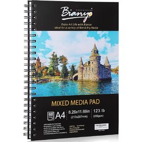 Bianyo Mixed Media Paper Sketchbook, A4 (8.26" X 11.69"), 60 Sheets/Each, 123 LB/200 GSM, Pack of 2 Pads, Spiral-Bound Pad, Ideal for Wet & Dry Media Like Marker, Watercolor, Acrylic, Pastel, Pencil in Kuwait