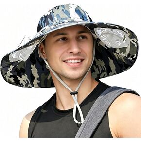 Sun Hat with 2 Solar Fans, Mens Summer UV Protection Wide Brim Fishing Cowboy Hats, Fisherman Hat for Beach Garden Outdoor Sports, USB Charging Navy. in Kuwait