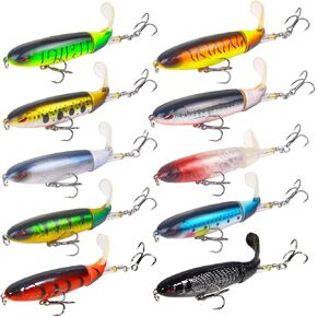 10Pcs Whopper Fishing Lure for Bass Popper Top Water Fishing Lures with Floating Rotating Tail Barb Treble Hooks in Saltwater Freshwater Plopping Lures Kit in Kuwait
