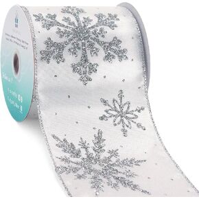 CT CRAFT LLC White Satin with Silver Snowflake Wired Ribbon 4 Inch x 10 Yards for Christmas Home Decor Tree Topper Bow Gift Wrapping DIY Crafts Wreath Garland in Kuwait