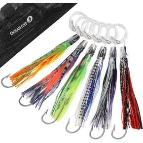 OCEAN CAT Saltwater Trolling Lures Set, Offshore Fishing Lure Rigged Circle Hook & 6 in/9 in Hoochie Octopus/Squid Skirts for Catching Mahi, Tuna, Wahoo and Big Game Fishes in Kuwait