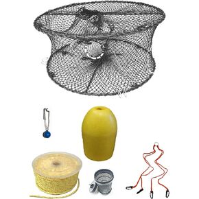 KUFA Sports Foldable Prawn Trap (Stretched Mesh Size:1-3/4") with 400' Rope, Yellow Float, Bait Bag & Harness Combo in Kuwait