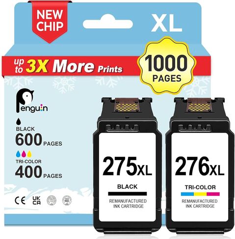 خرطوشة حبر الطابعة المعاد تصنيعها Penguin 275 XL 276 XL لـ Canon PG-275XL Cl-276XL المستخدمة لـ PIXMA TS3522 TS3520 TR4720 TR4722 (1 أسود، 1 لون) حزمة كومبو in Kuwait