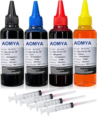 Aomya Ink Refill Kit 100ml for HP 67 61 65 60 62 63 910 920 901 902 932 933 934 940 952 94 95 96 Inkjet Printer Cartridges Refillable Ink Cartridges CIS CISS System 4 Color Set with 4 Syringes in Kuwait