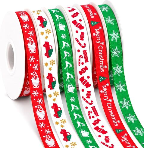60 Yards 3/8" Christmas Ribbon for Crafts, White Red and Green Holiday Grosgrain Ribbon Christmas Ribbon for Gift Wrapping Festival Holiday Party Hair Bow Clips DIY Crafts Decoration (6 Rolls) in Kuwait