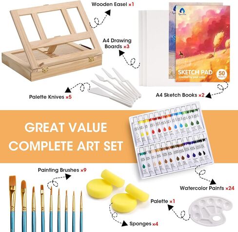 Painting Supplies Set, 49 Pieces Watercolor Painting Kit with Wooden Tabletop Easel, Includes Watercolor Paints, Brushes, Palette, Canvas Panels and Painting Pads, for Artists, Student, Adults, Kids in Kuwait