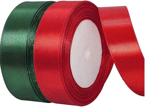 2 Rolls 50 Yard Christmas Satin Ribbon, 1 Inch Wide Gift Wrapping Ribbon Double Faced Polyester Ribbon Rolls Fabric Silk Ribbon Favors for Wedding Party DIY Craft Making (Red, Green) in Kuwait
